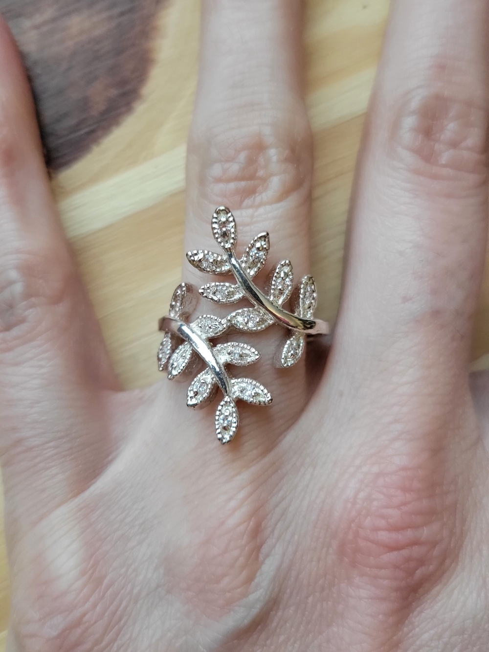 Silver Leaf Crystal Wrap Ring - Women Jewelry Sz 8